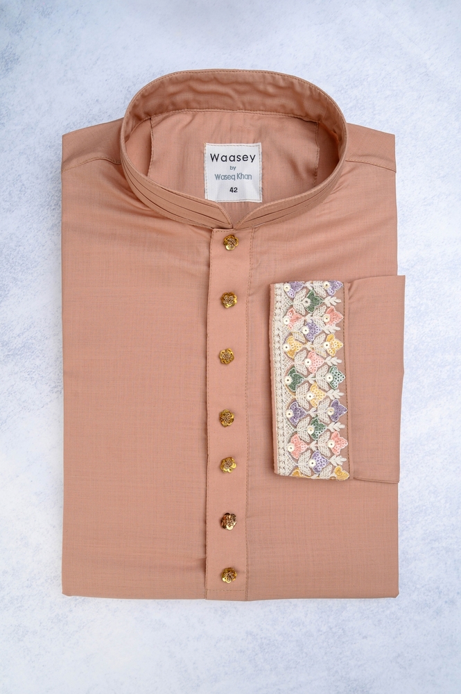 Peach Gold-Buttoned Panjabi with Patterned